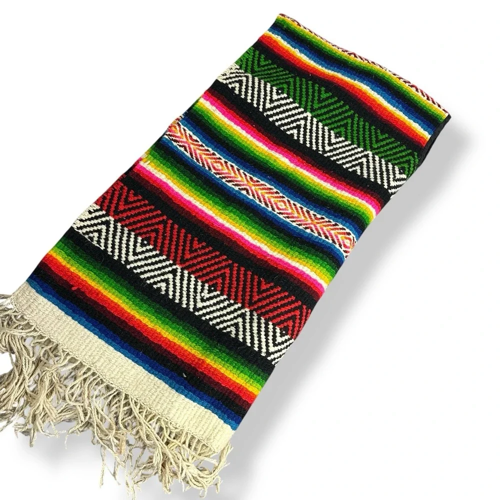 Vintage Mexican Serape Poncho Large Heavy‎ Textile Woven Wool 70x74 w/ Fringe